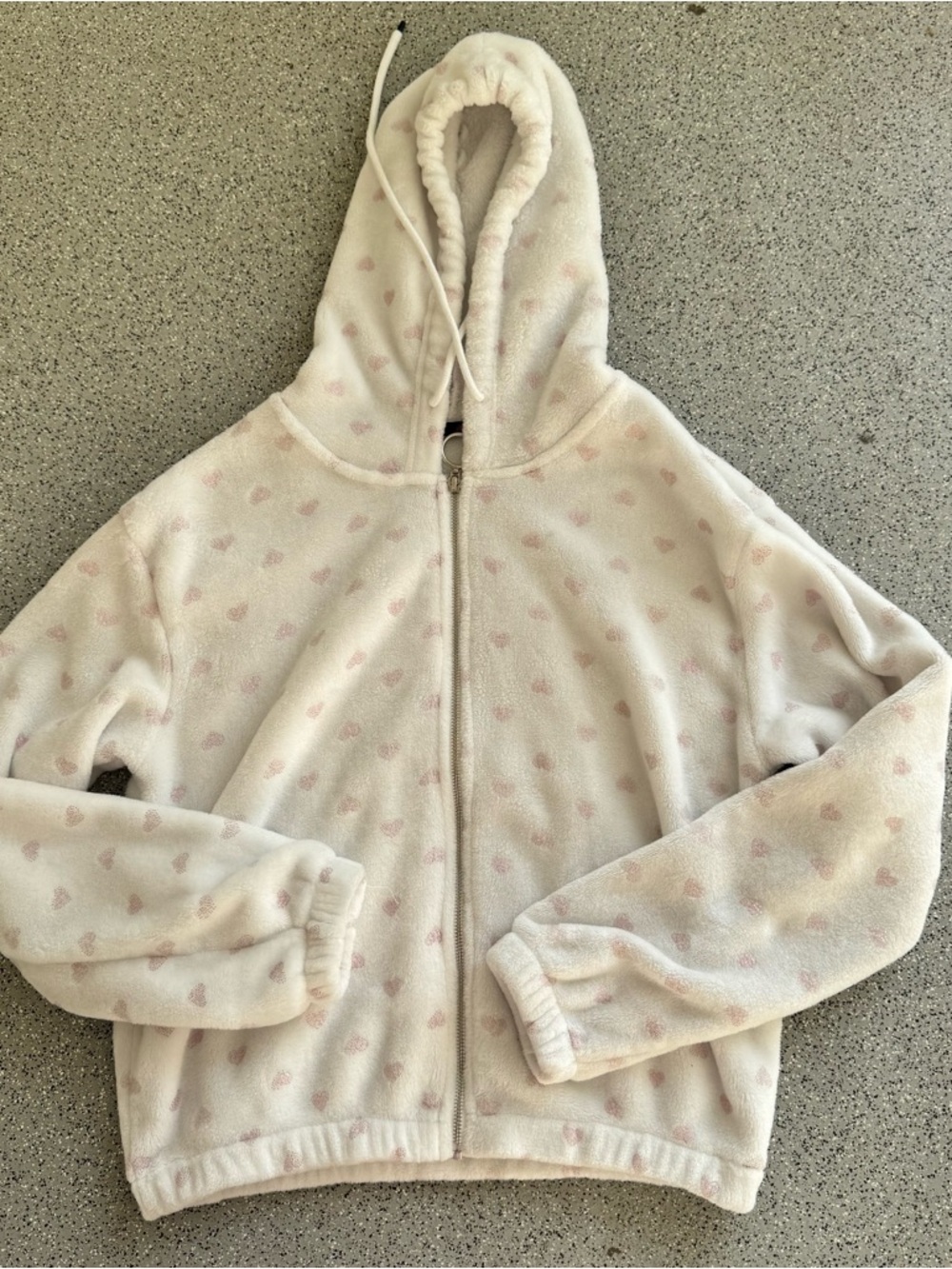 Cream Hooded Zip-Up Sweatshirt with Pink Heart Print